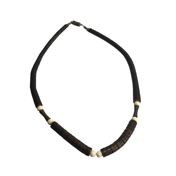 Heshi Style Wood Beads Tribal Folk Art Necklace Brown White 17 Inch Vintage - Picture 4 of 5